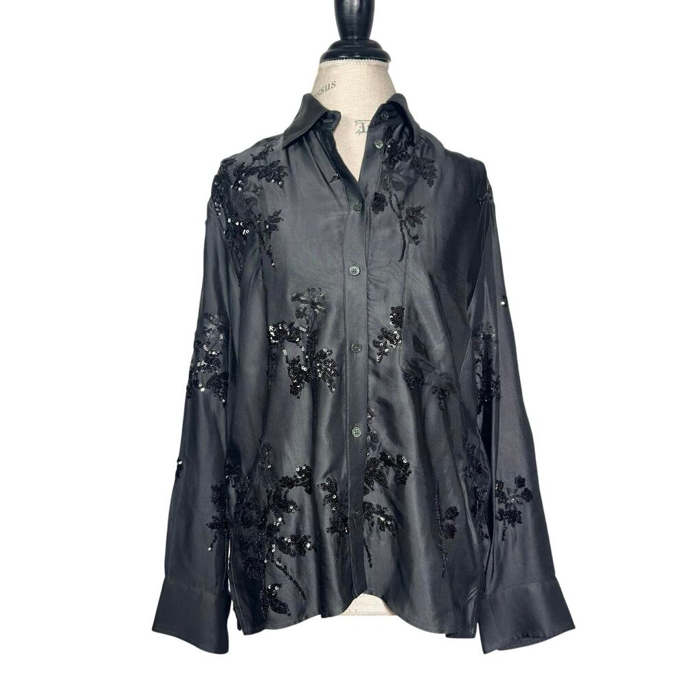 Zara | Women | Emerald Green Satin Floral Sequin LS Button Up Blouse | Small - Picture 2 of 16